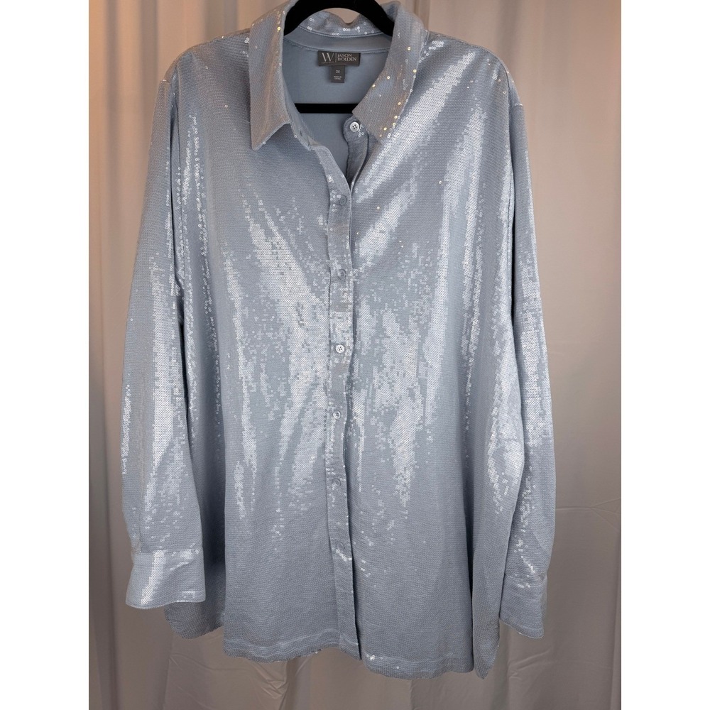 WorthingtonxJason Bolden Blue Sequin Button Down Shirt & Mock Neck Dress Set 3X - Picture 7 of 10
